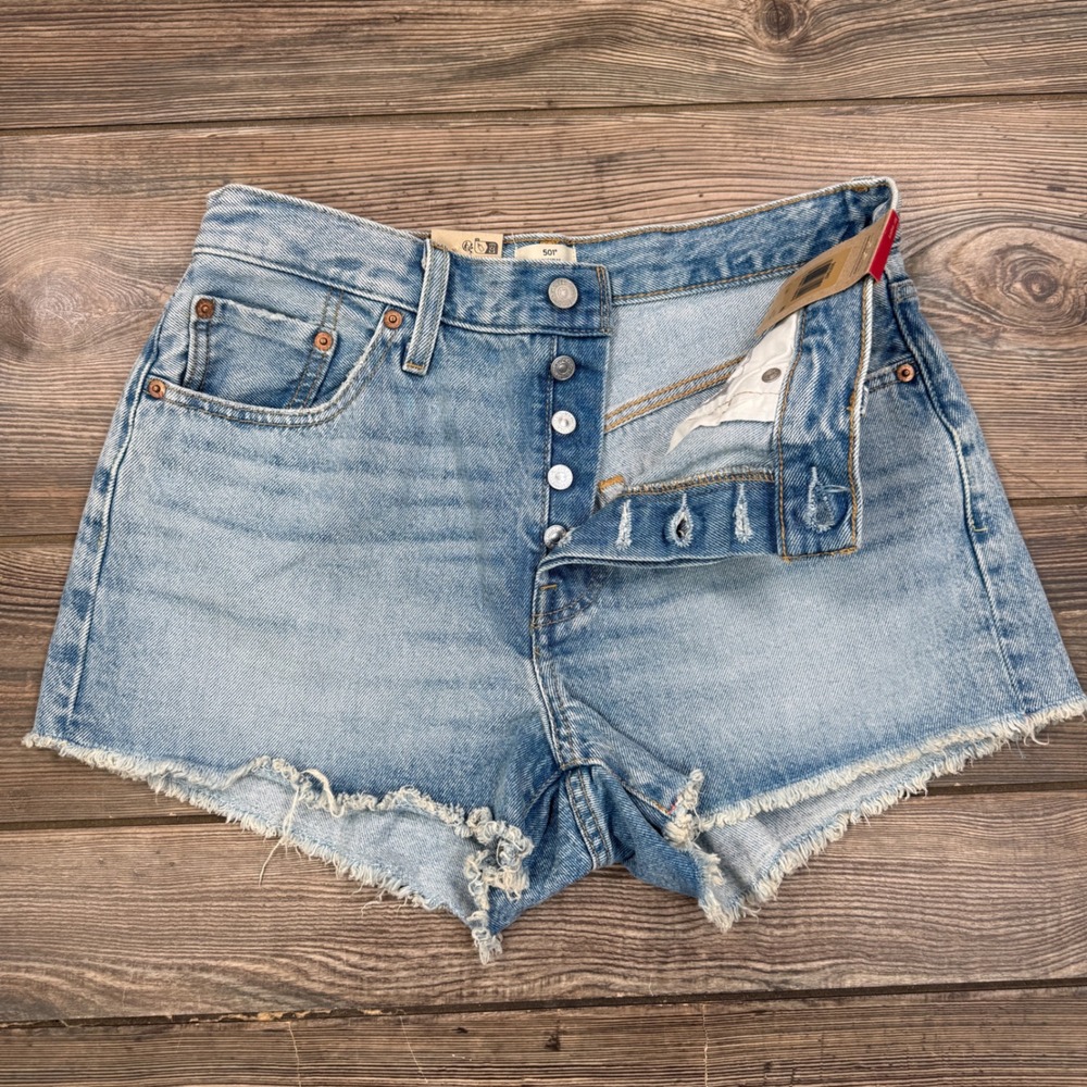 Levi's Womens 29 501 Original Shorts Light Blue High Rise Raw Hem New